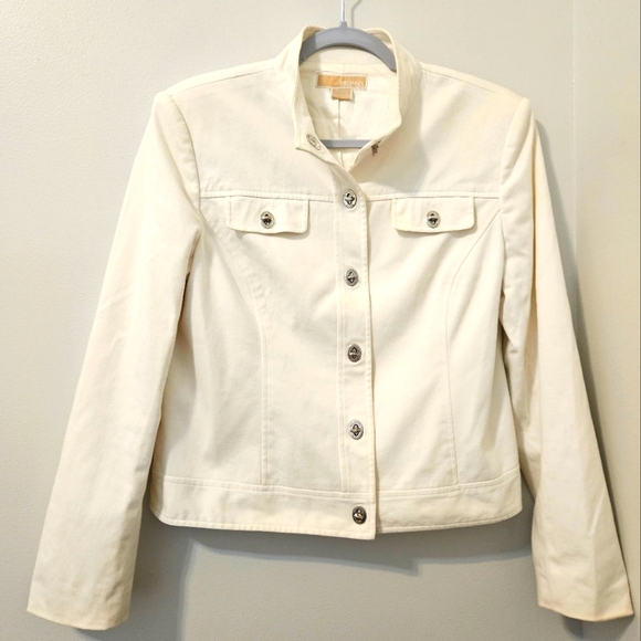 Michael Kors Womens Cropped Cotton Stretch Denim Jacket Turn Clasps White L - Picture 2 of 12
